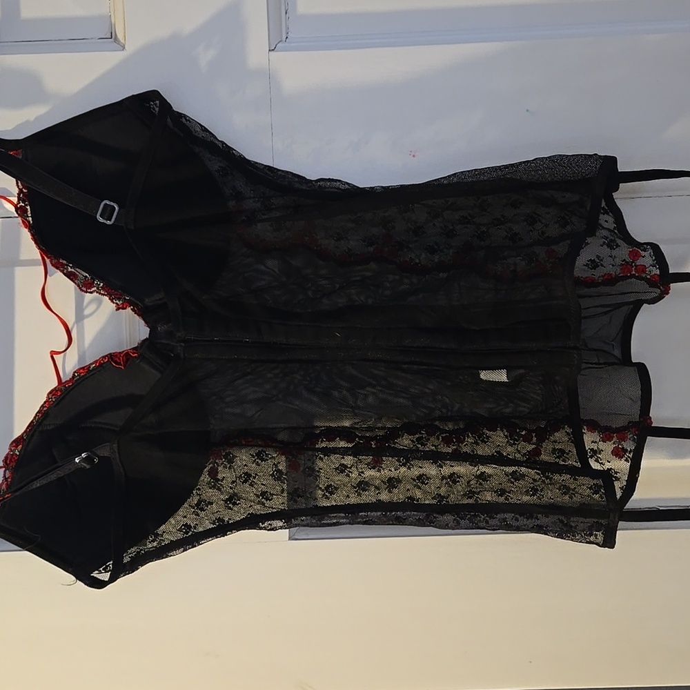 Occhi Verdi By La Perla Vintage Black Lace Bustier with Red Floral Embroidery - Picture 5 of 7